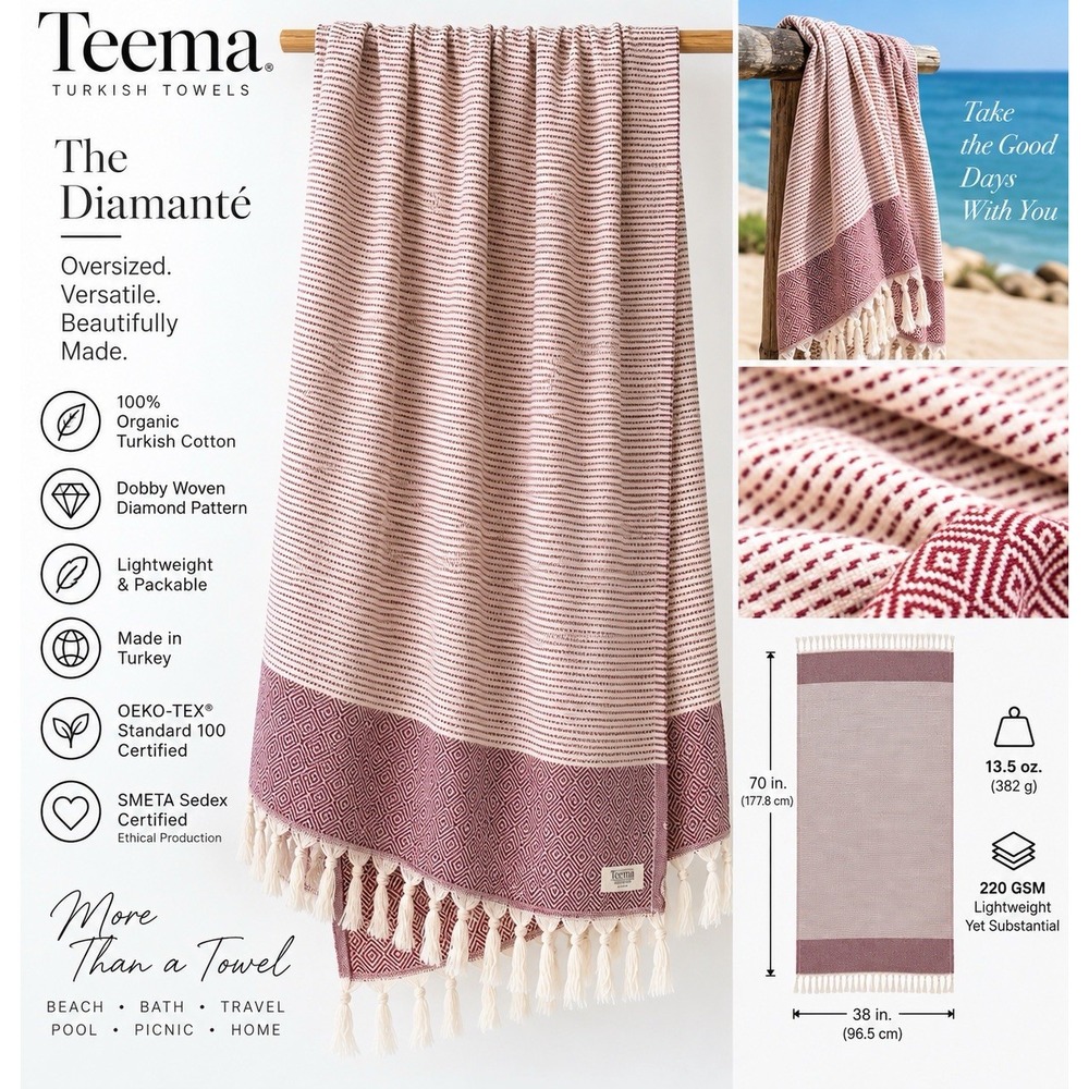NWT Teema The Diamanté Turkish Beach Towel 70x38 Organic Cotton Burgundy Cream